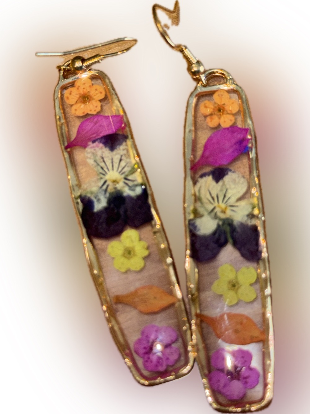 Gold Pressed Flower Resin Earrings - Pink, Purple, Yellow